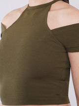 Clobug Women Solid Cold-Shoulder High Neck Crop Top