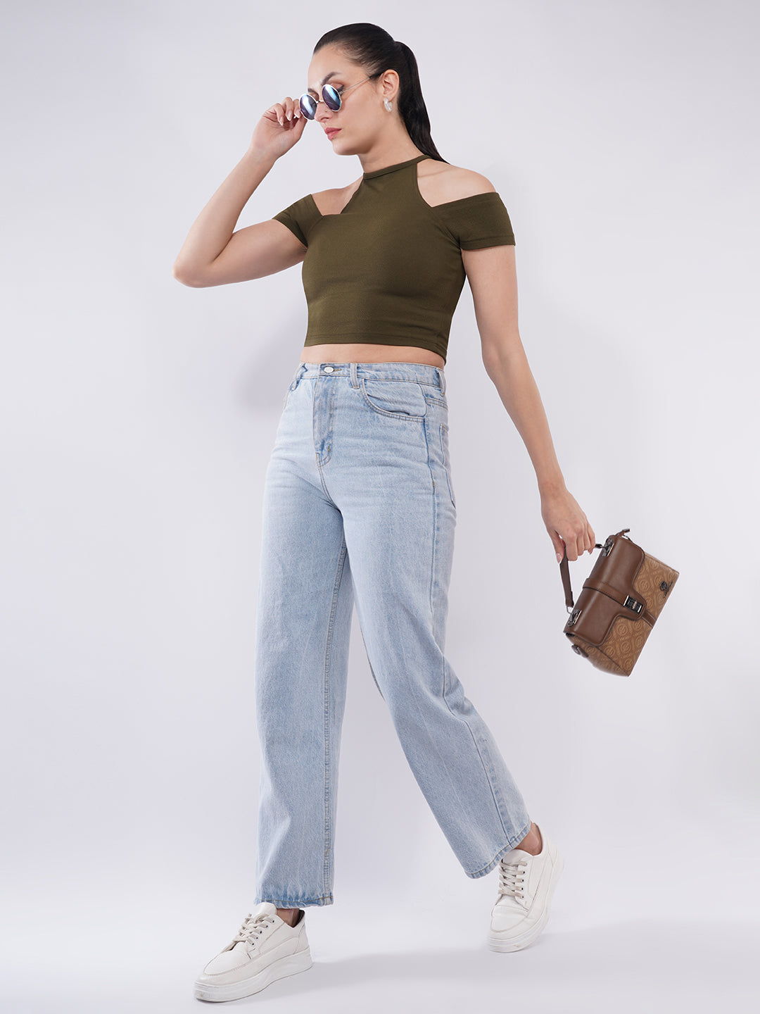 Clobug Women Solid Cold-Shoulder High Neck Crop Top