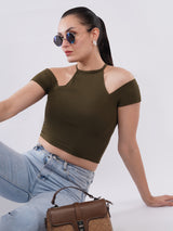 Clobug Women Solid Cold-Shoulder High Neck Crop Top