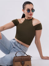Clobug Women Solid Cold-Shoulder High Neck Crop Top