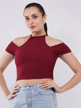 Clobug Women Solid Cold-Shoulder High Neck Crop Top