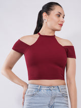 Clobug Women Solid Cold-Shoulder High Neck Crop Top