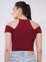 Clobug Women Solid Cold-Shoulder High Neck Crop Top