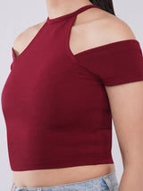 Clobug Women Solid Cold-Shoulder High Neck Crop Top