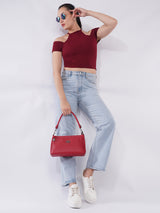 Clobug Women Solid Cold-Shoulder High Neck Crop Top