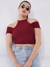 Clobug Women Solid Cold-Shoulder High Neck Crop Top
