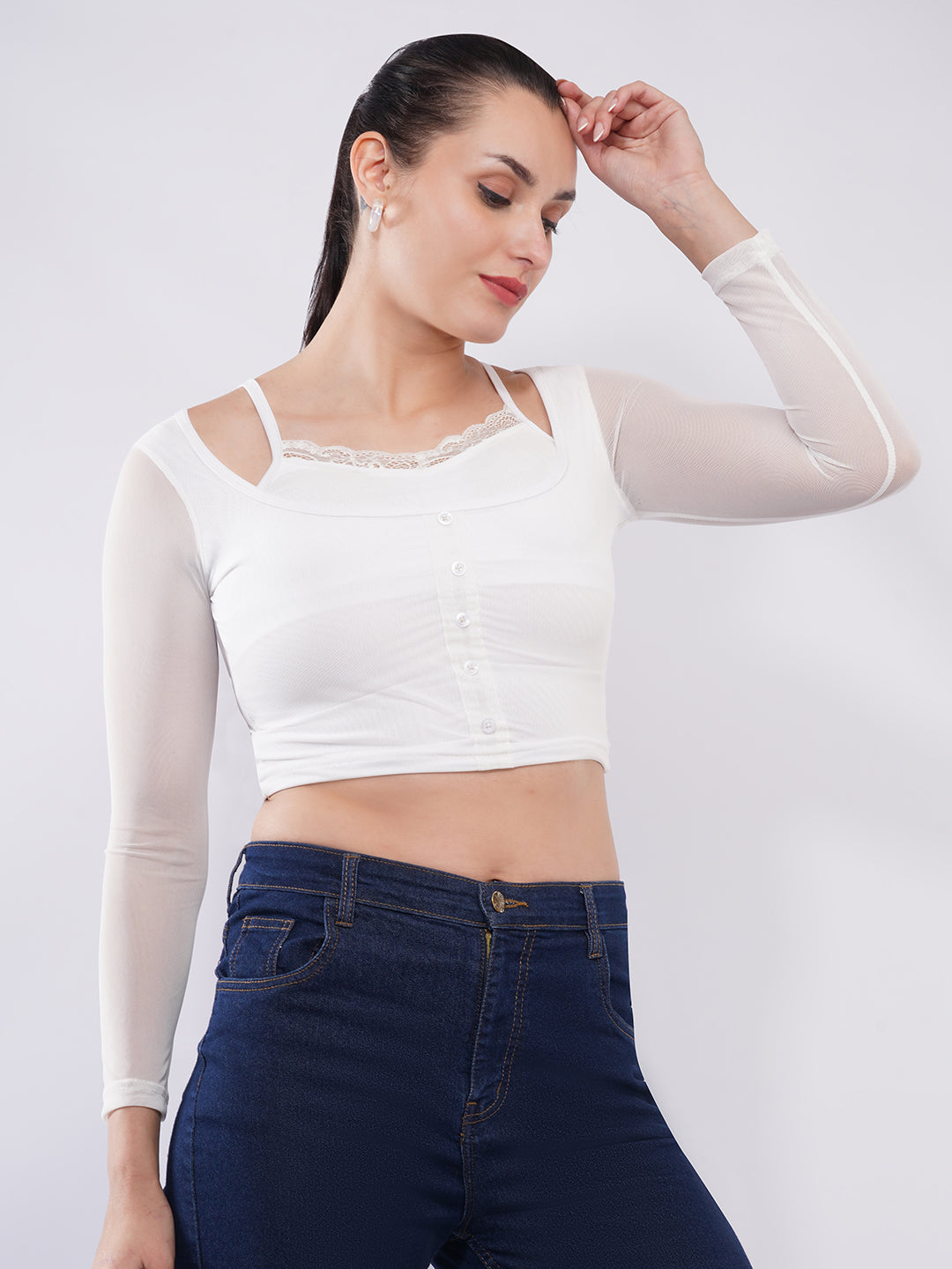 Clobug Women White Mesh Sleeve Layered Crop Top
