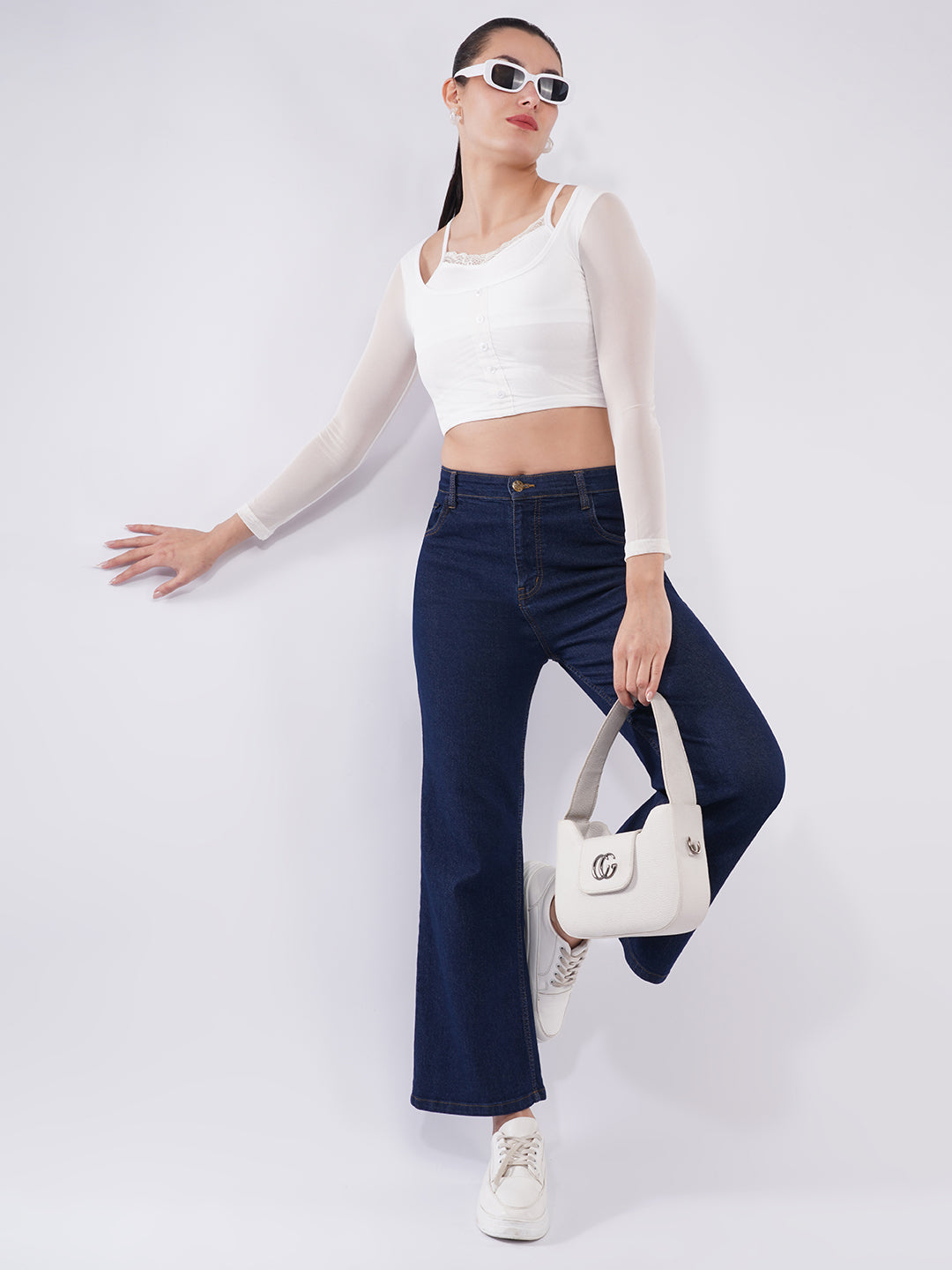 Clobug Women White Mesh Sleeve Layered Crop Top