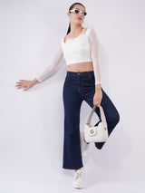 Clobug Women White Mesh Sleeve Layered Crop Top