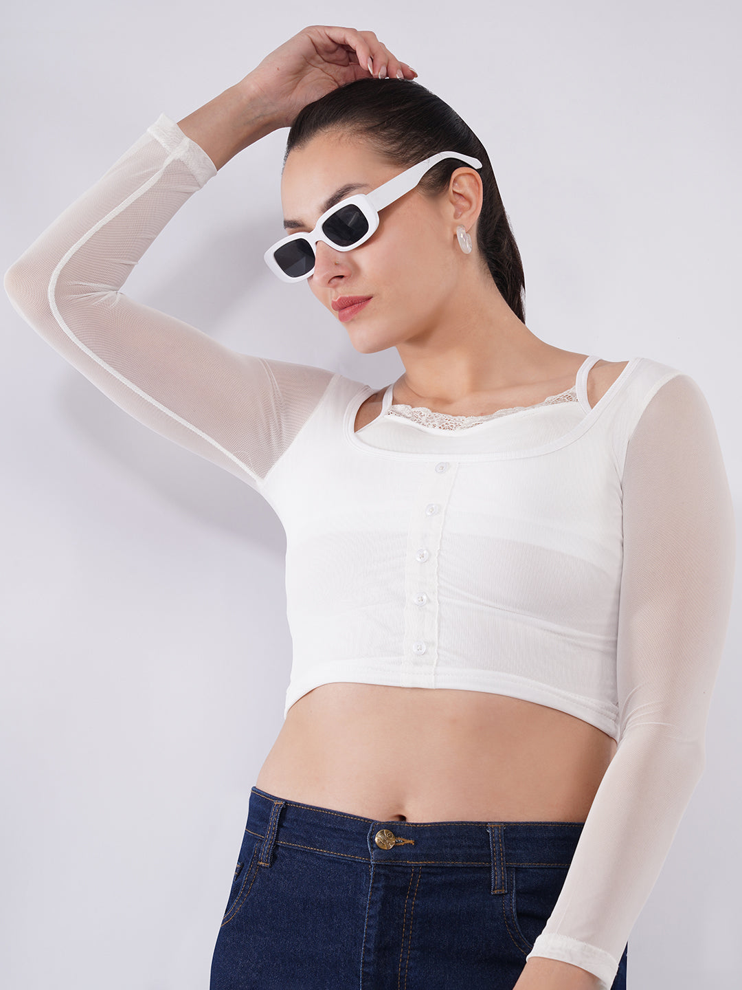 Clobug Women White Mesh Sleeve Layered Crop Top
