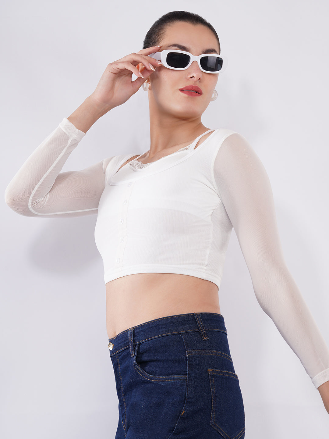 Clobug Women White Mesh Sleeve Layered Crop Top