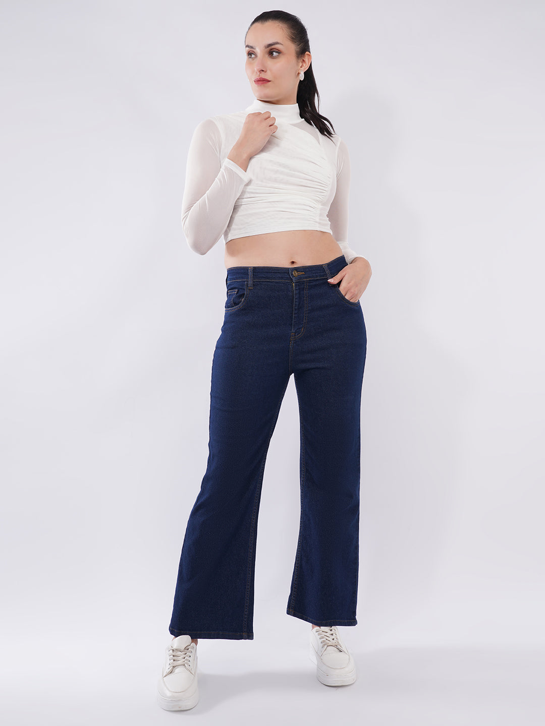 Clobug Women Mesh High Neck Ruched Crop Top