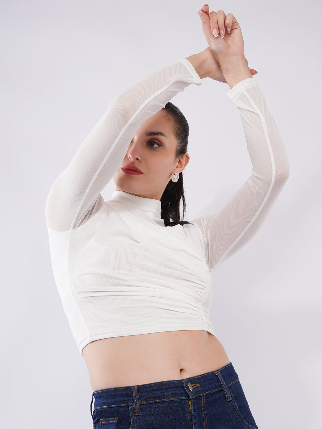 Clobug Women Mesh High Neck Ruched Crop Top