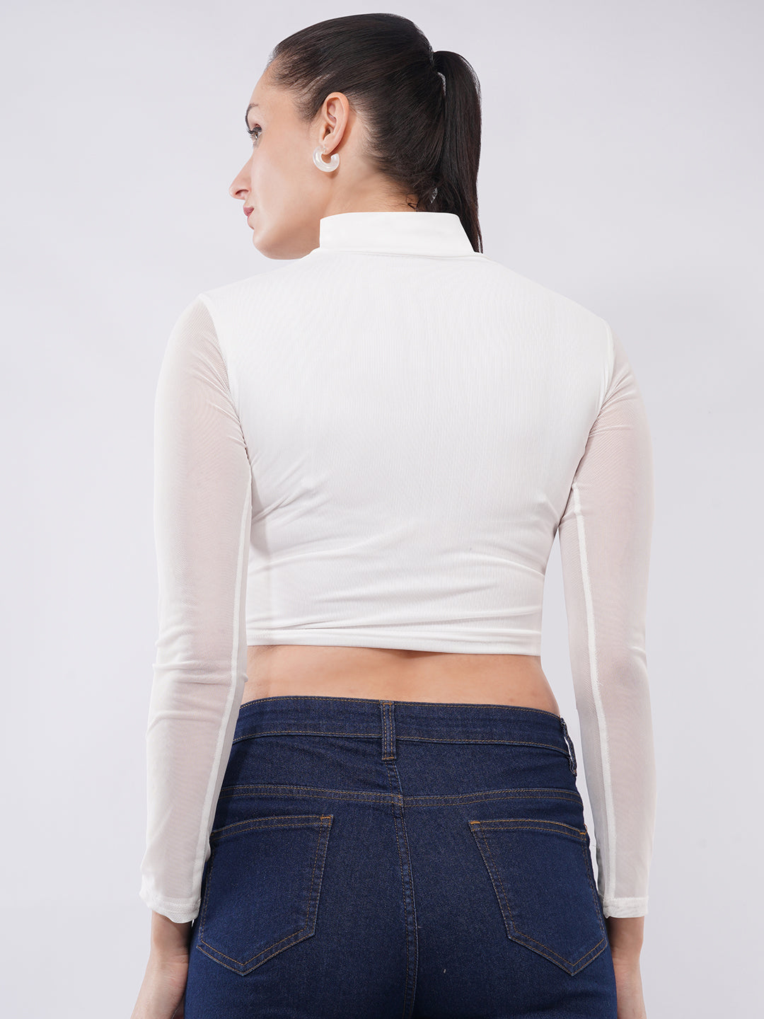 Clobug Women Mesh High Neck Ruched Crop Top