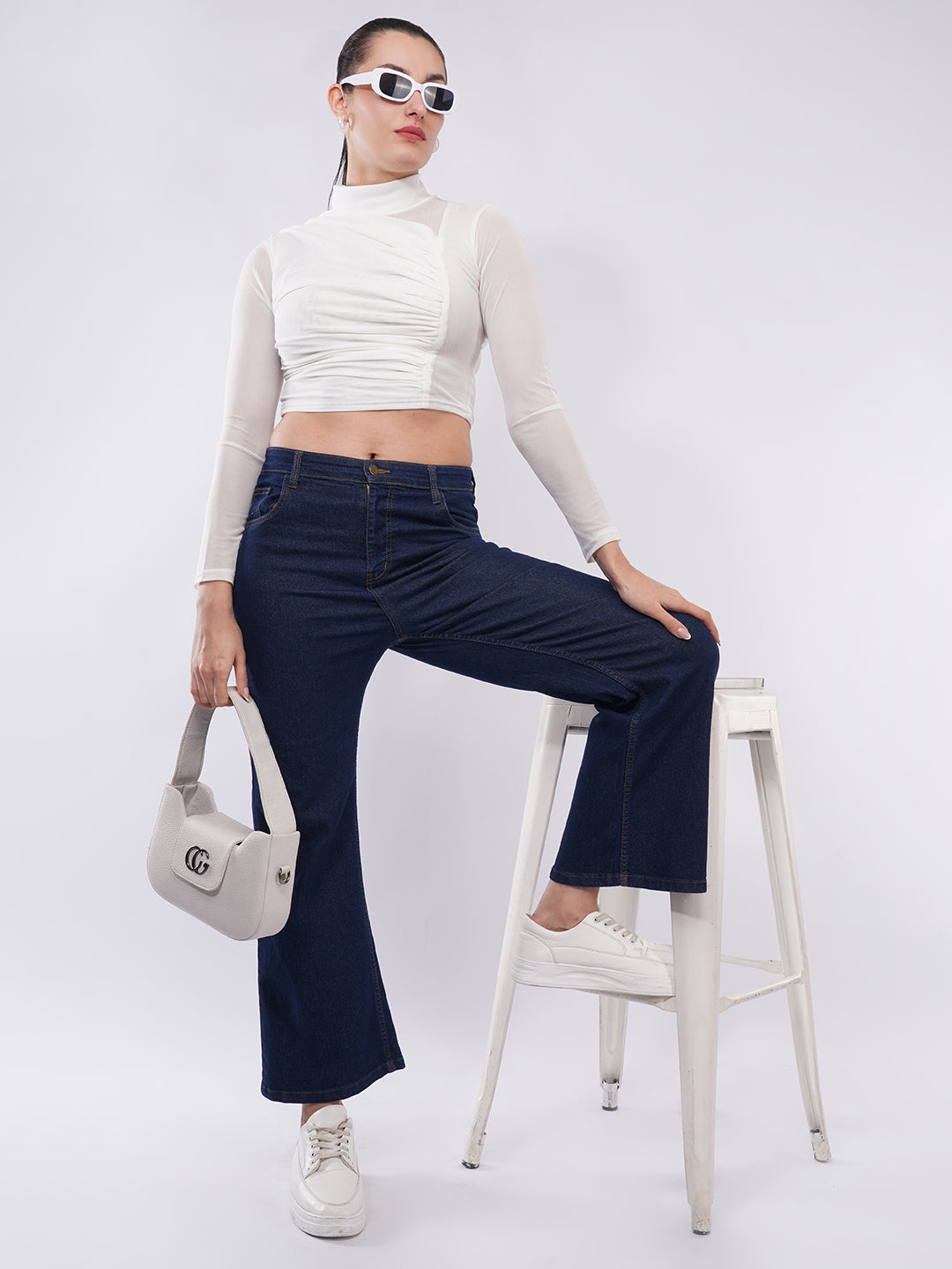 Clobug Women Mesh High Neck Ruched Crop Top