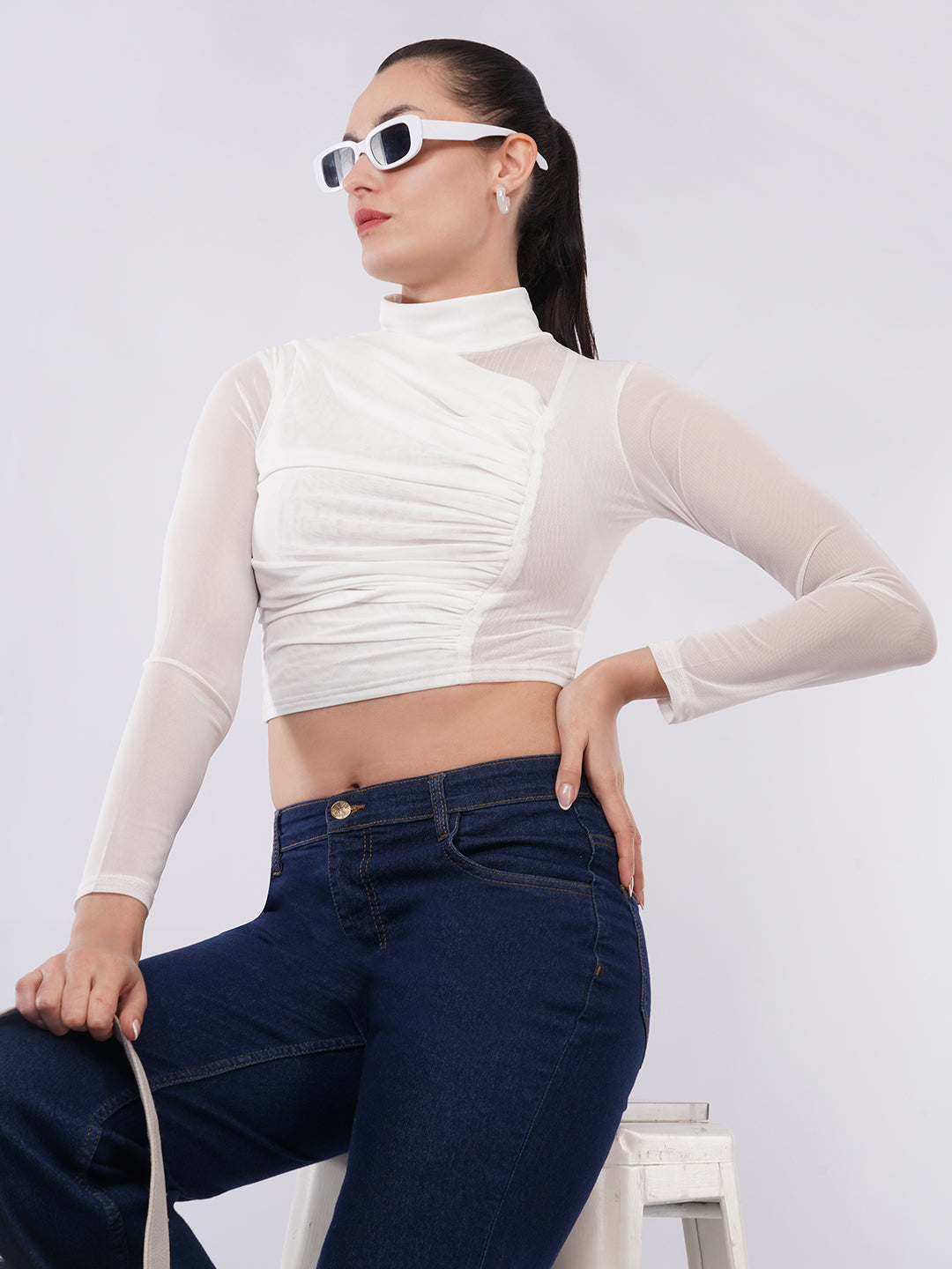 Clobug Women Mesh High Neck Ruched Crop Top