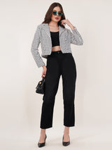 Clobug Women Cotton Blend Check Print Full Sleeve Black Blazer