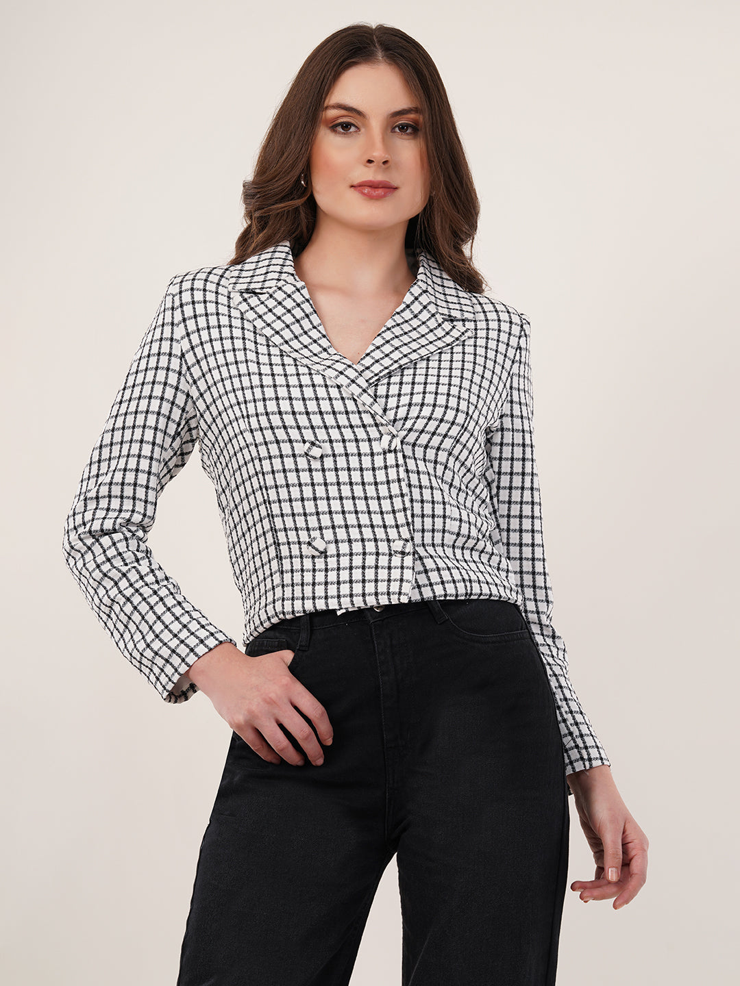 Clobug Women Cotton Blend Check Print Full Sleeve Black Blazer