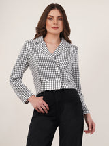 Clobug Women Cotton Blend Check Print Full Sleeve Black Blazer