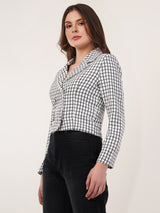 Clobug Women Cotton Blend Check Print Full Sleeve Black Blazer