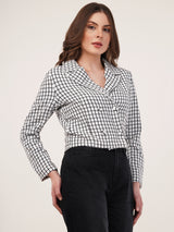 Clobug Women Cotton Blend Check Print Full Sleeve Black Blazer