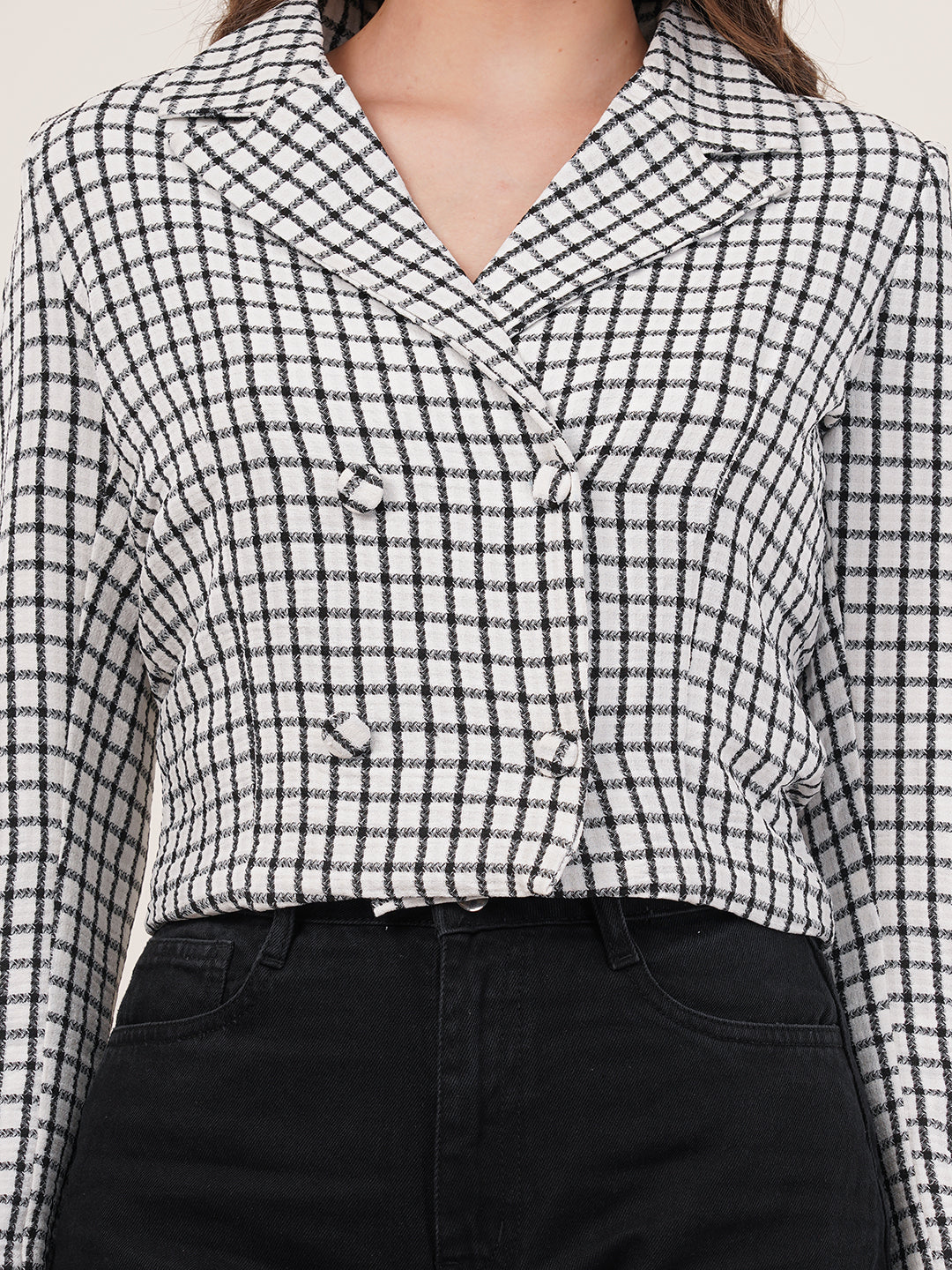 Clobug Women Cotton Blend Check Print Full Sleeve Black Blazer