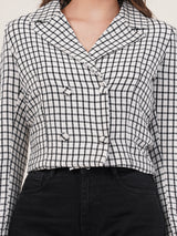 Clobug Women Cotton Blend Check Print Full Sleeve Black Blazer