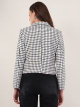 Clobug Women Cotton Blend Check Print Full Sleeve Black Blazer