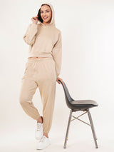 Clobug Women Solid Hooded Sweatshirt With Joggers Off White Co-ord Set