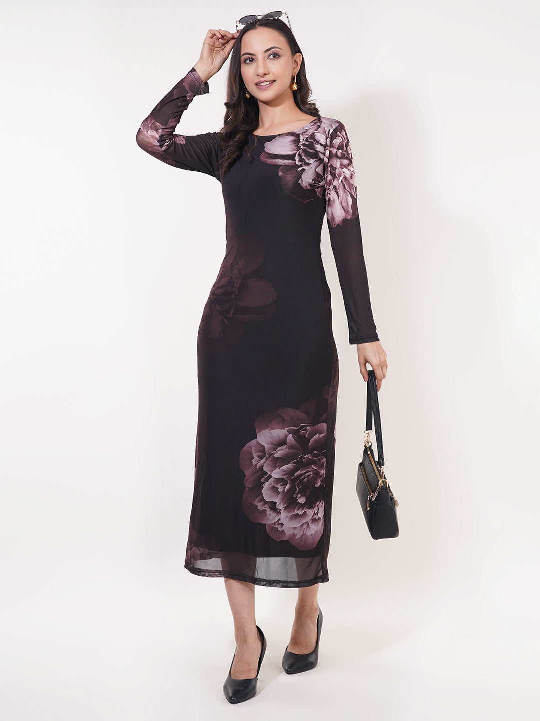 Clobug Women Floral Print Full Sleeve Black A-line Dress