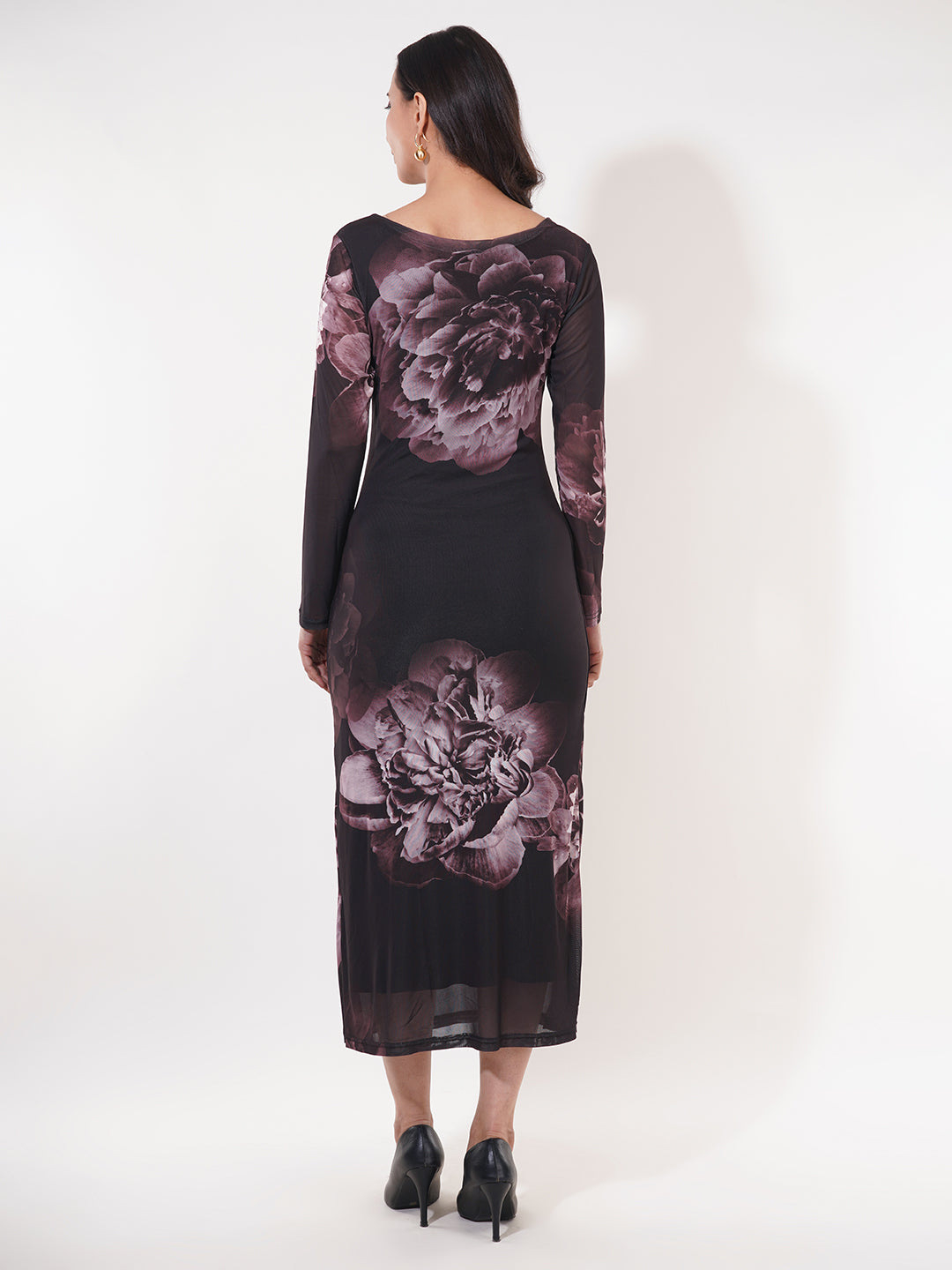 Clobug Women Floral Print Full Sleeve Black A-line Dress