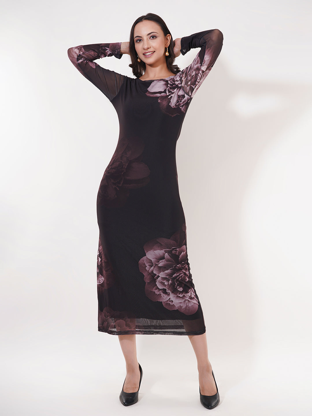 Clobug Women Floral Print Full Sleeve Black A-line Dress