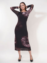 Clobug Women Floral Print Full Sleeve Black A-line Dress