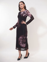 Clobug Women Floral Print Full Sleeve Black A-line Dress