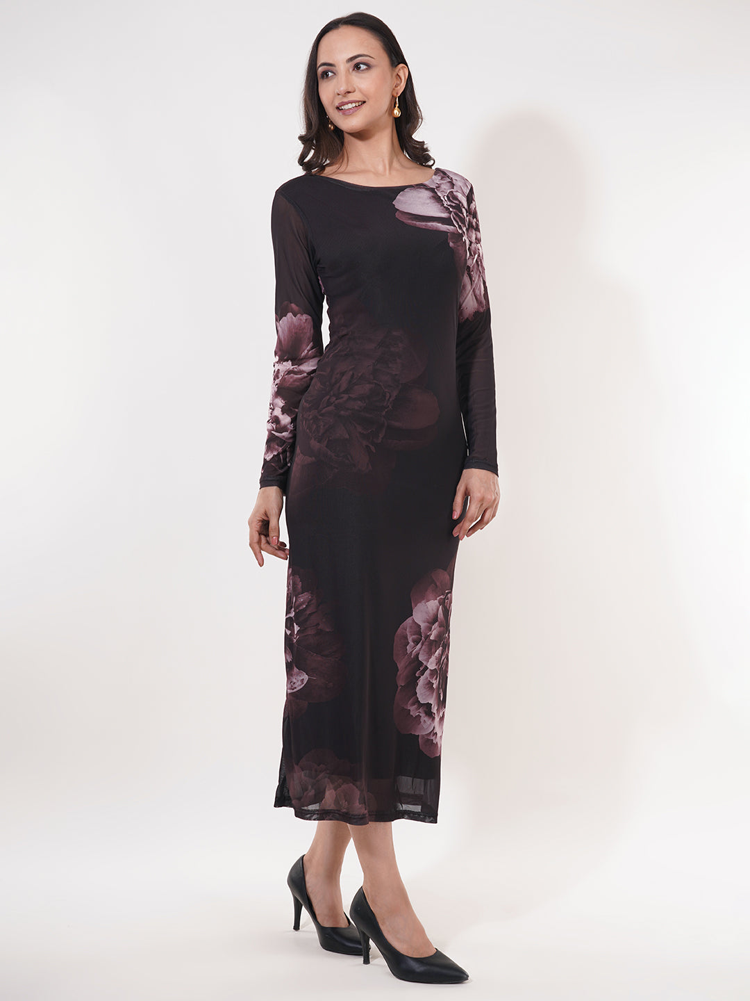 Clobug Women Floral Print Full Sleeve Black A-line Dress