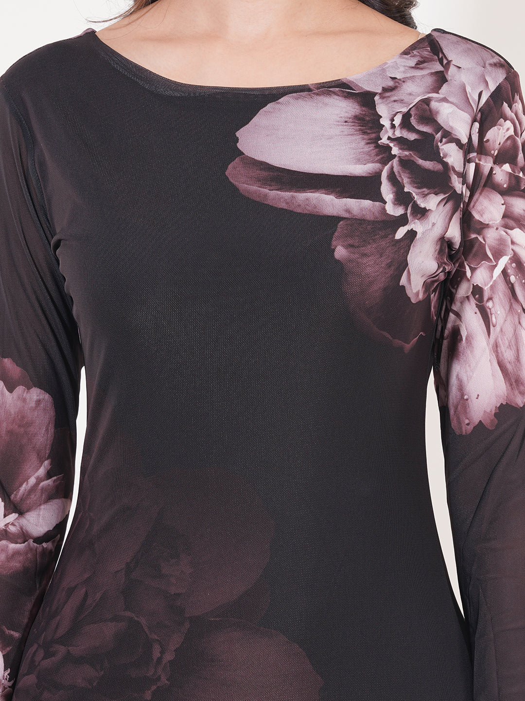 Clobug Women Floral Print Full Sleeve Black A-line Dress