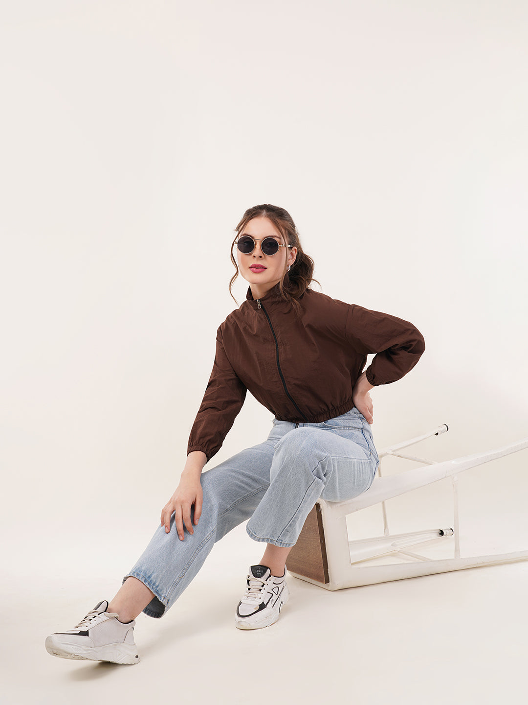 Clobug Women Cotton Blend Solid High Neck Full Sleeve Brown Jacket