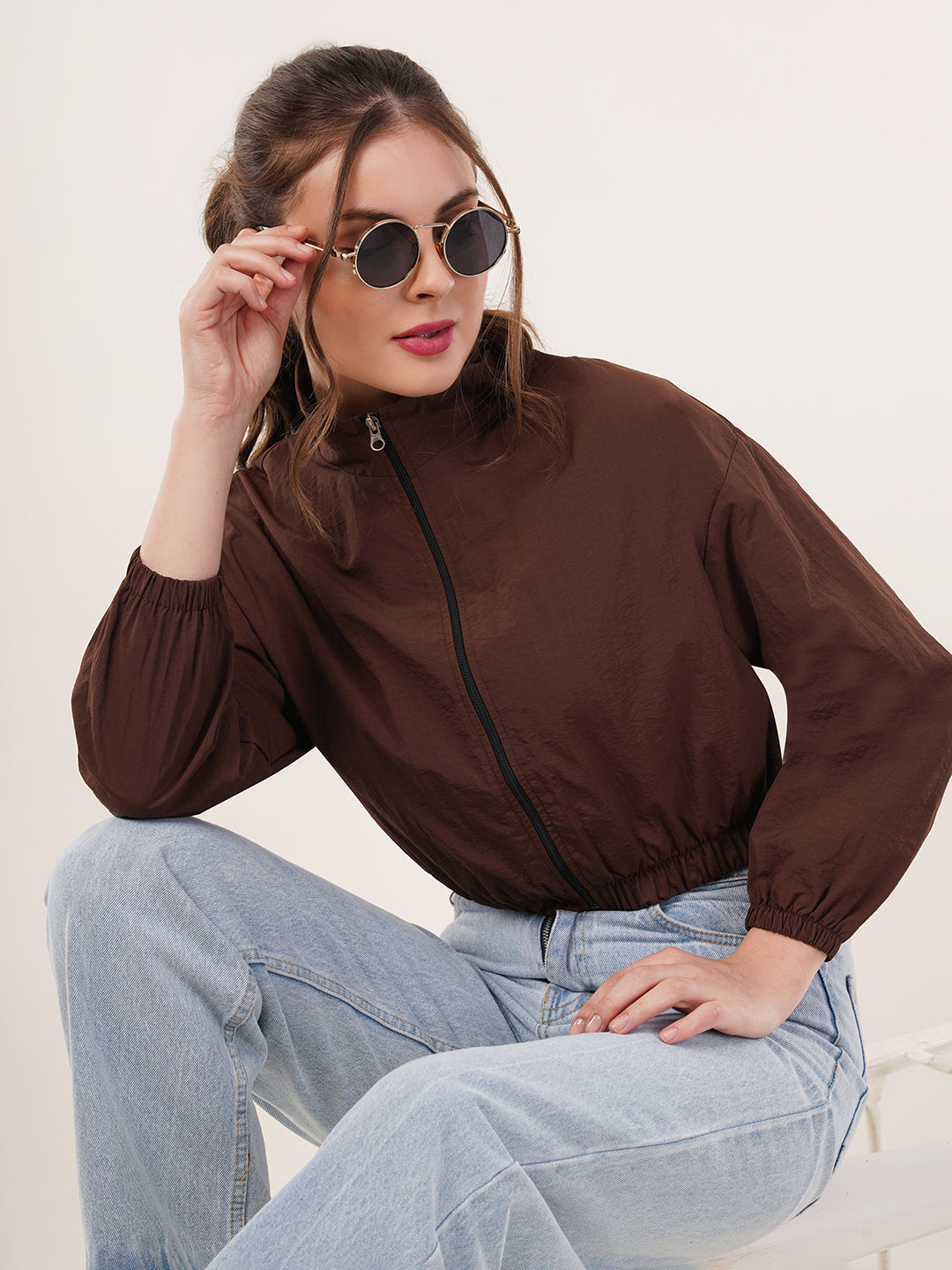 Clobug Women Cotton Blend Solid High Neck Full Sleeve Brown Jacket