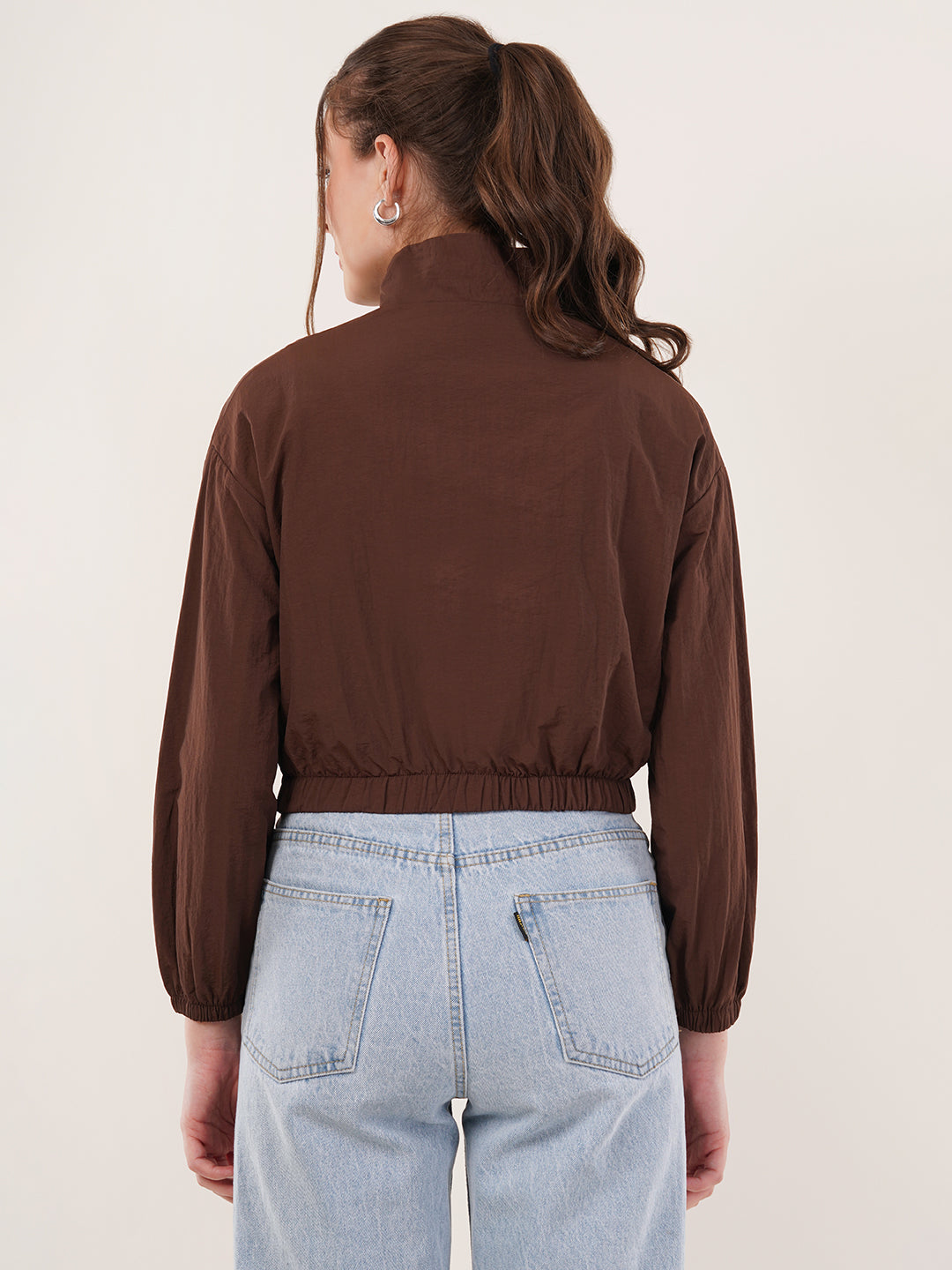 Clobug Women Cotton Blend Solid High Neck Full Sleeve Brown Jacket