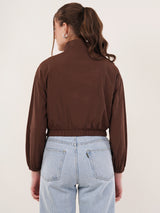 Clobug Women Cotton Blend Solid High Neck Full Sleeve Brown Jacket