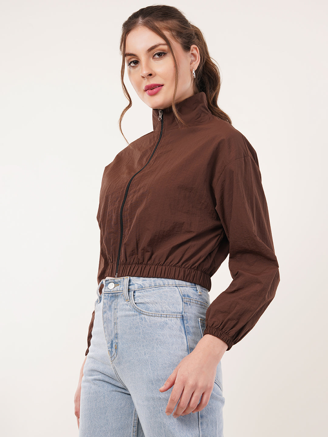 Clobug Women Cotton Blend Solid High Neck Full Sleeve Brown Jacket