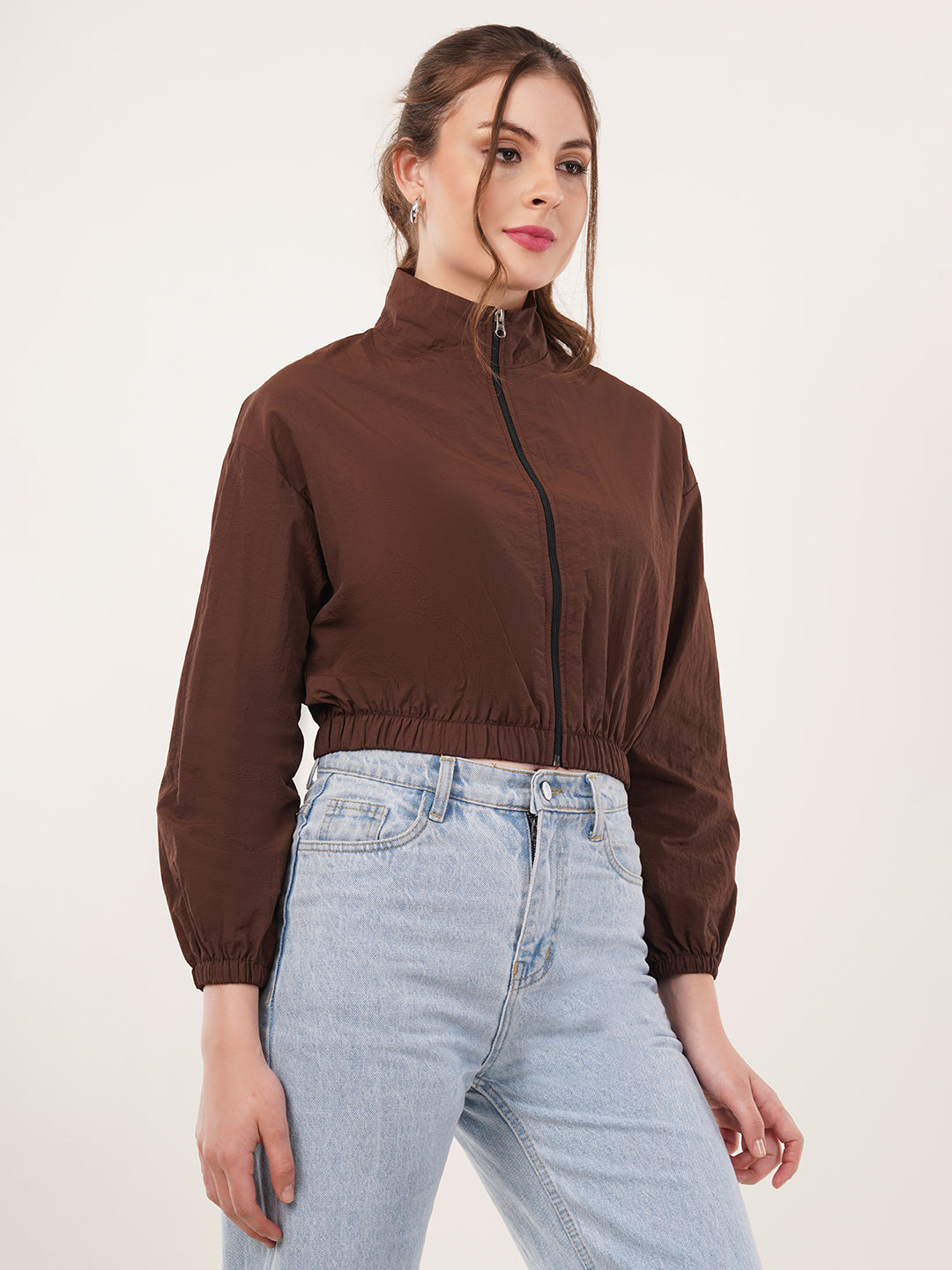 Clobug Women Cotton Blend Solid High Neck Full Sleeve Brown Jacket