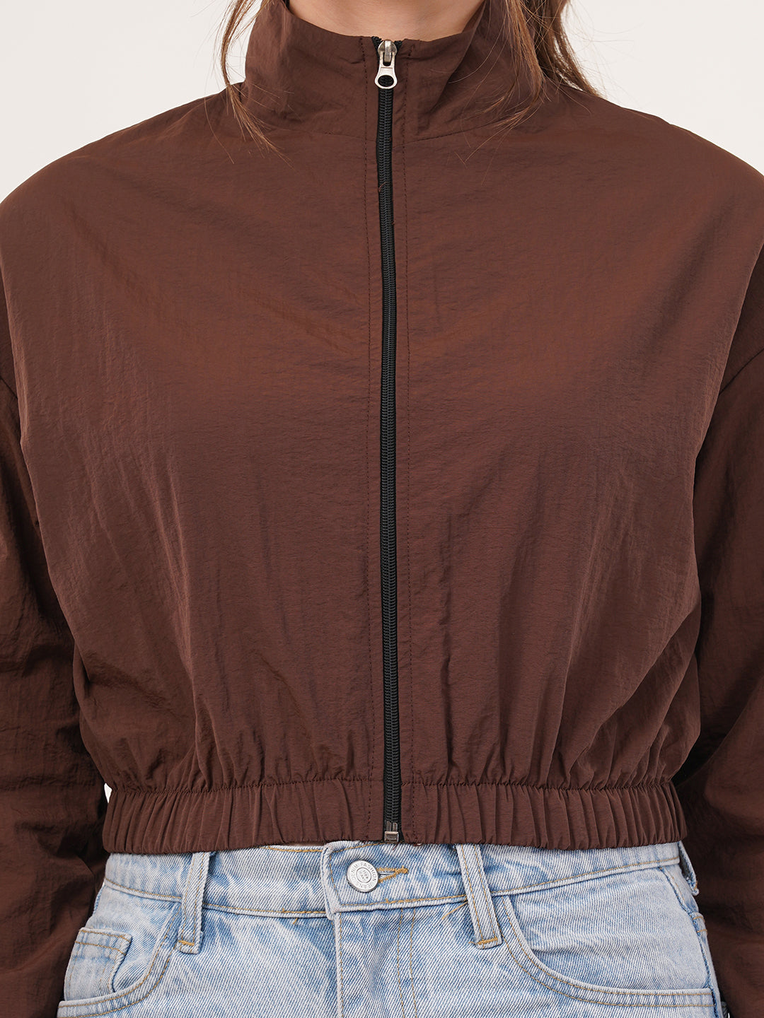 Clobug Women Cotton Blend Solid High Neck Full Sleeve Brown Jacket