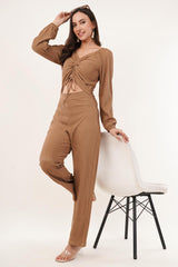 Clobug Women Solid Cotton Blend Sweetheart Neck Full Sleeve Jumpsuit