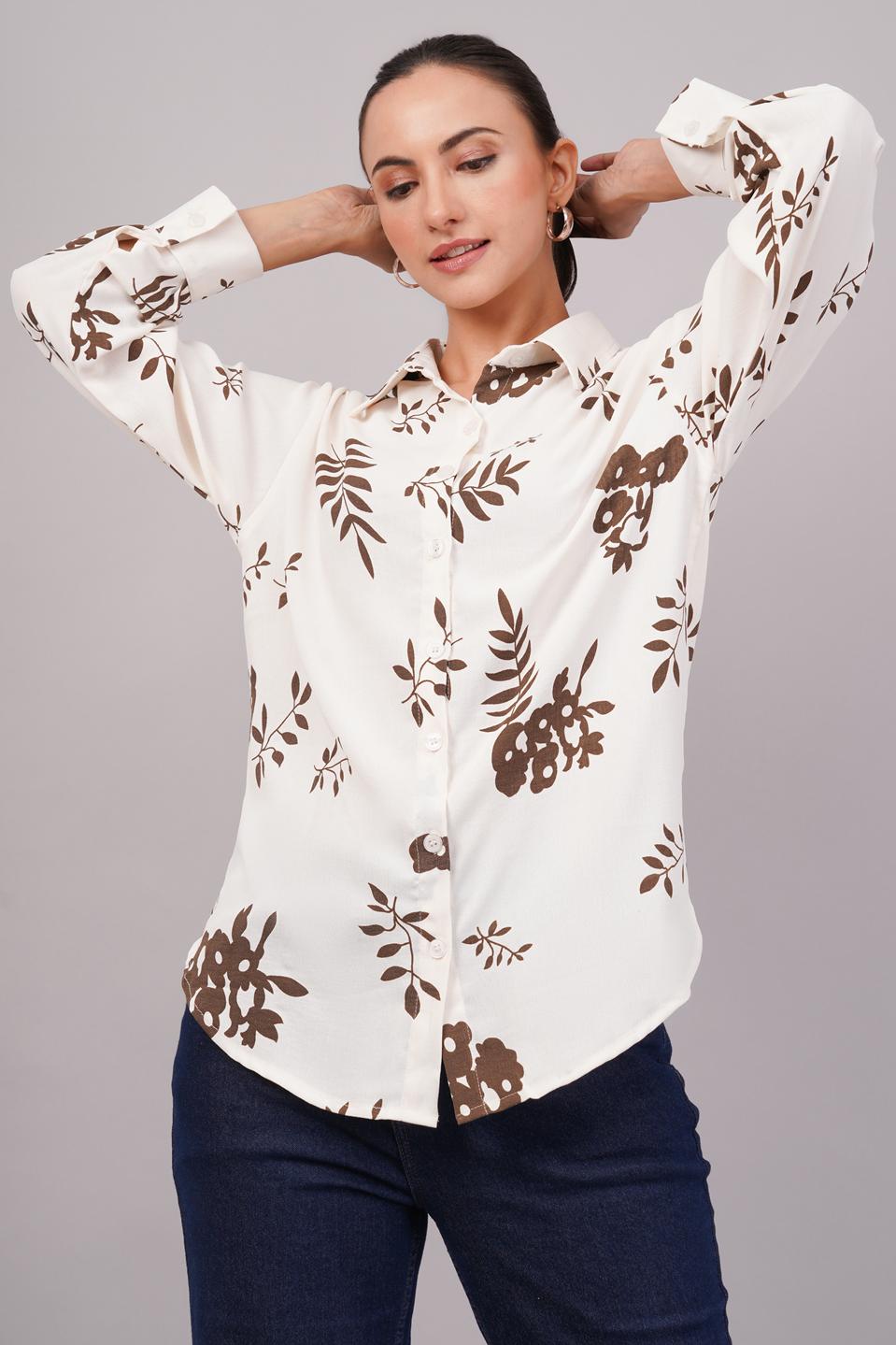 Clobug Women Printed Cotton Blend Full Sleeve Floral Print Oversized Shirt