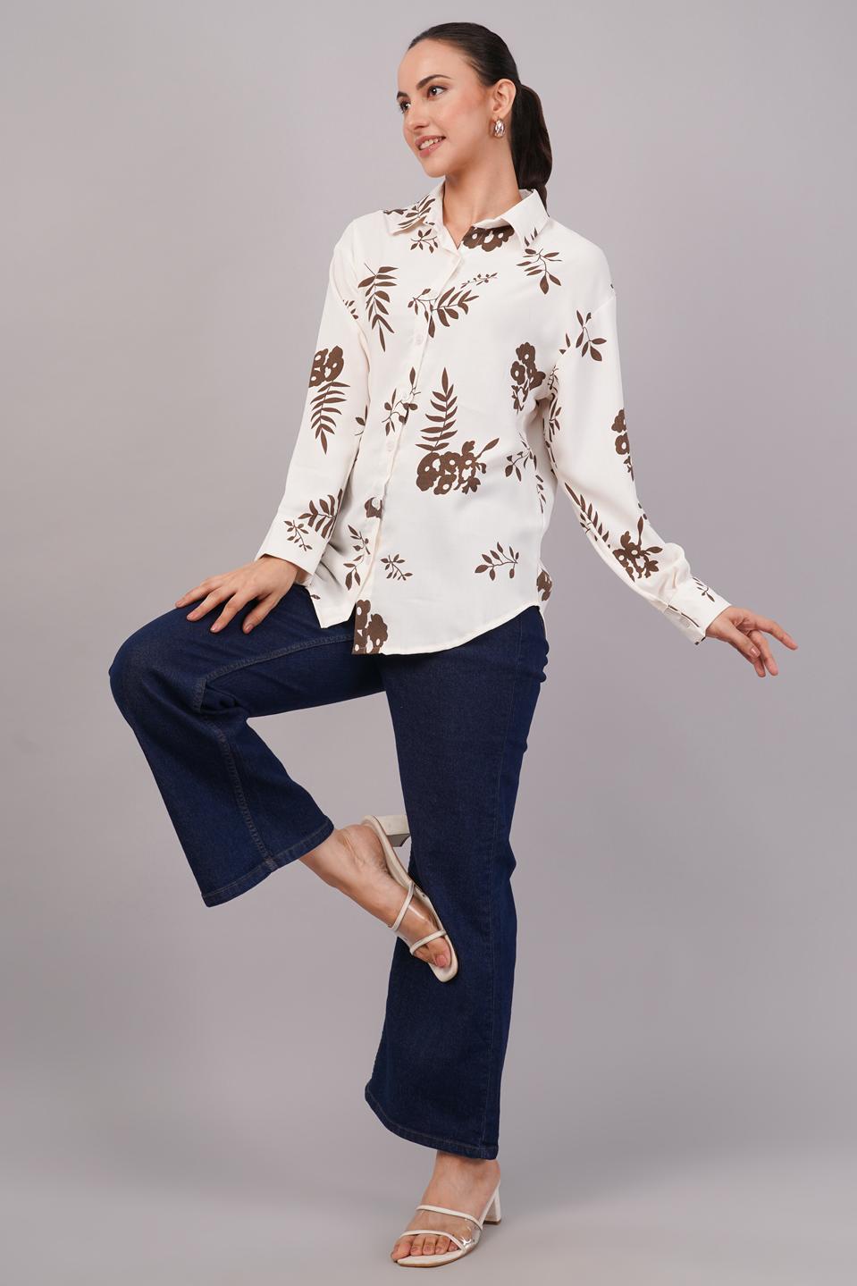 Clobug Women Printed Cotton Blend Full Sleeve Floral Print Oversized Shirt