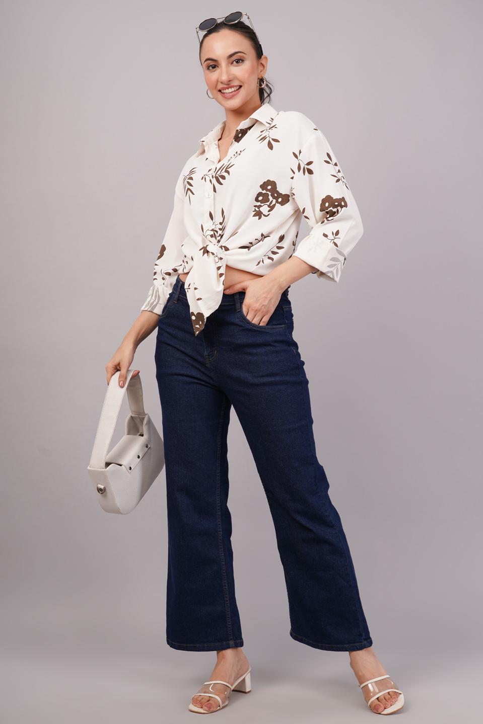 Clobug Women Printed Cotton Blend Full Sleeve Floral Print Oversized Shirt