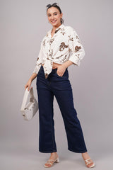 Clobug Women Printed Cotton Blend Full Sleeve Floral Print Oversized Shirt