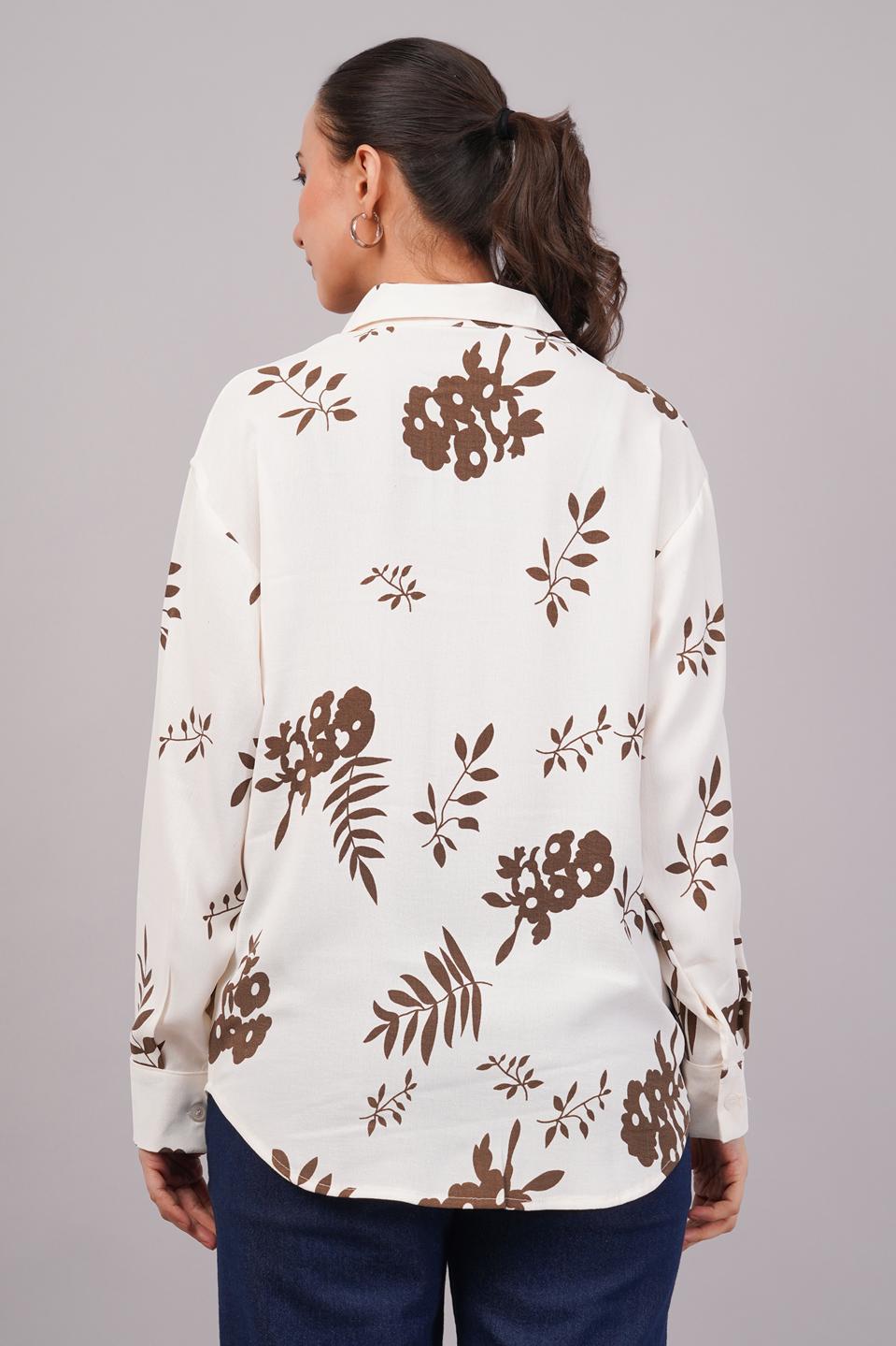 Clobug Women Printed Cotton Blend Full Sleeve Floral Print Oversized Shirt