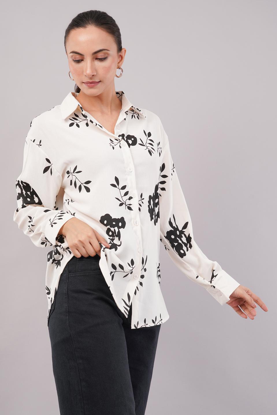 Clobug Women Printed Cotton Blend Full Sleeve Floral Print Oversized Shirt